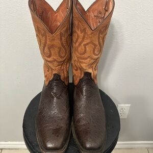 Mandujano Smooth Ostrich Brown and Tan Cowboy Boots with Decorative Stitching